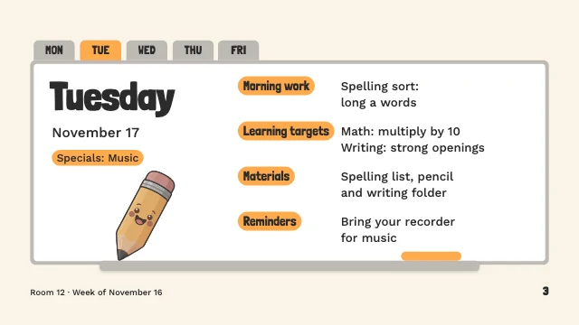 Daily agenda slides template, page 3 of 7
