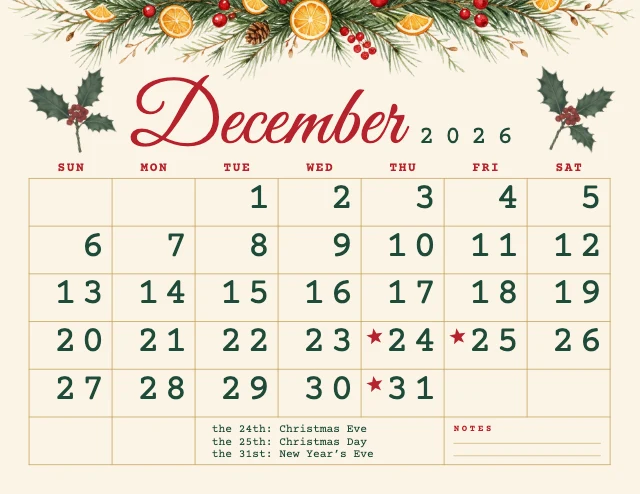 December 2026 calendar template
