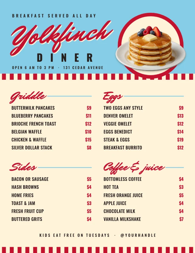 Diner breakfast menu template