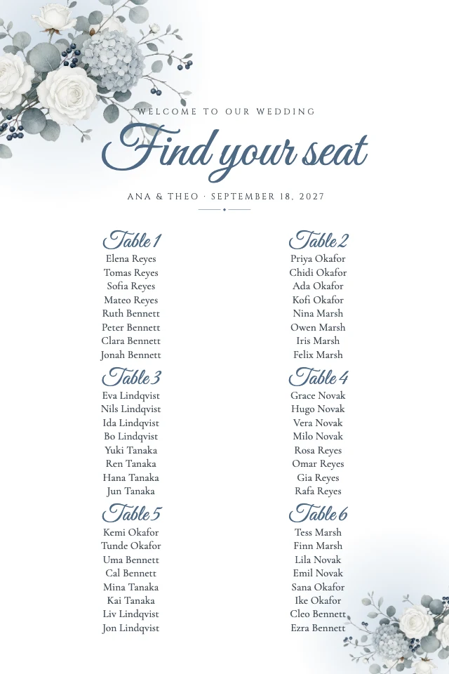 Dusty blue wedding seating chart template