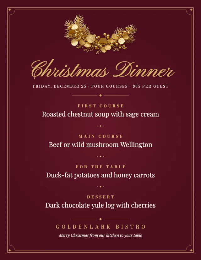 Elegant Christmas dinner menu template