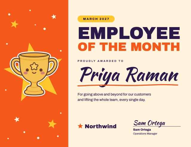 Employee of the month certificate template