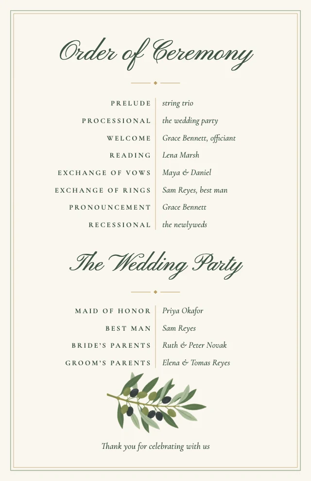 Wedding ceremony program template, page 2 of 2