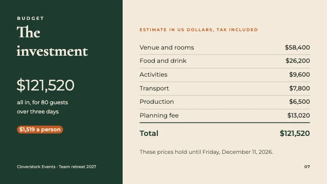 Event proposal presentation template, page 7 of 8