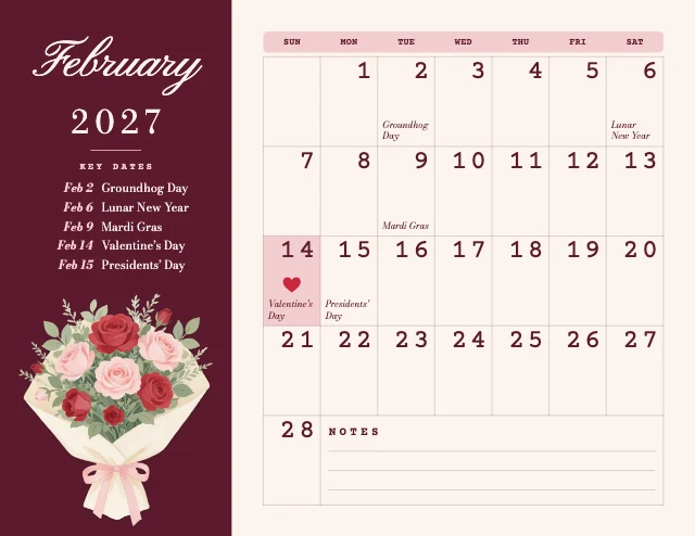 February 2027 calendar template