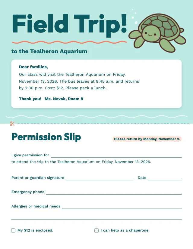 Field trip permission slip template