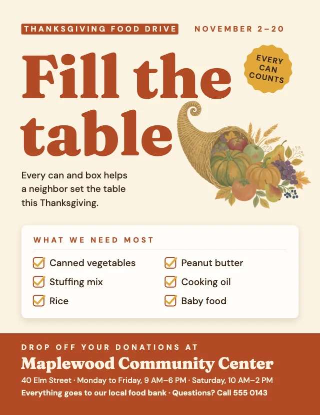 Thanksgiving food drive flyer template