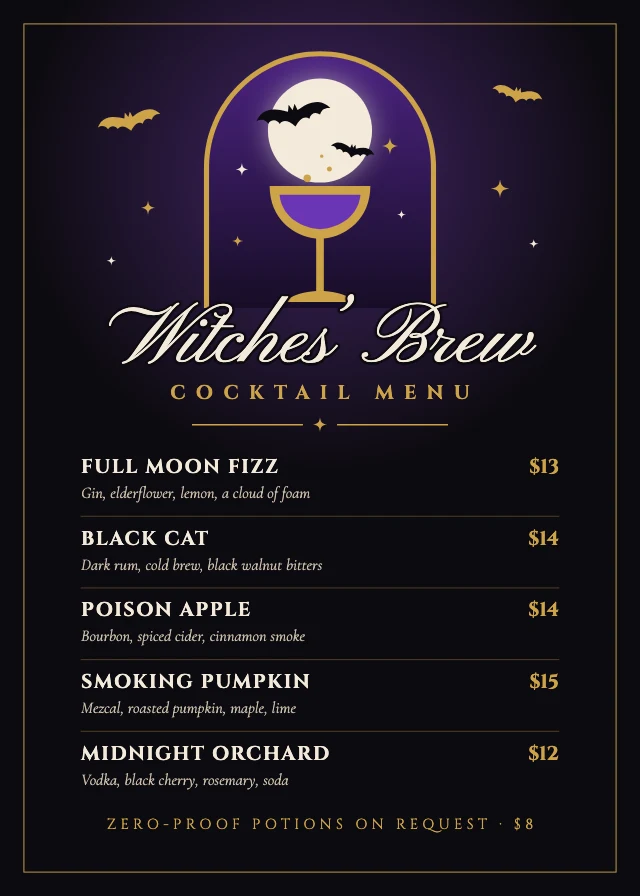 Halloween cocktail menu template