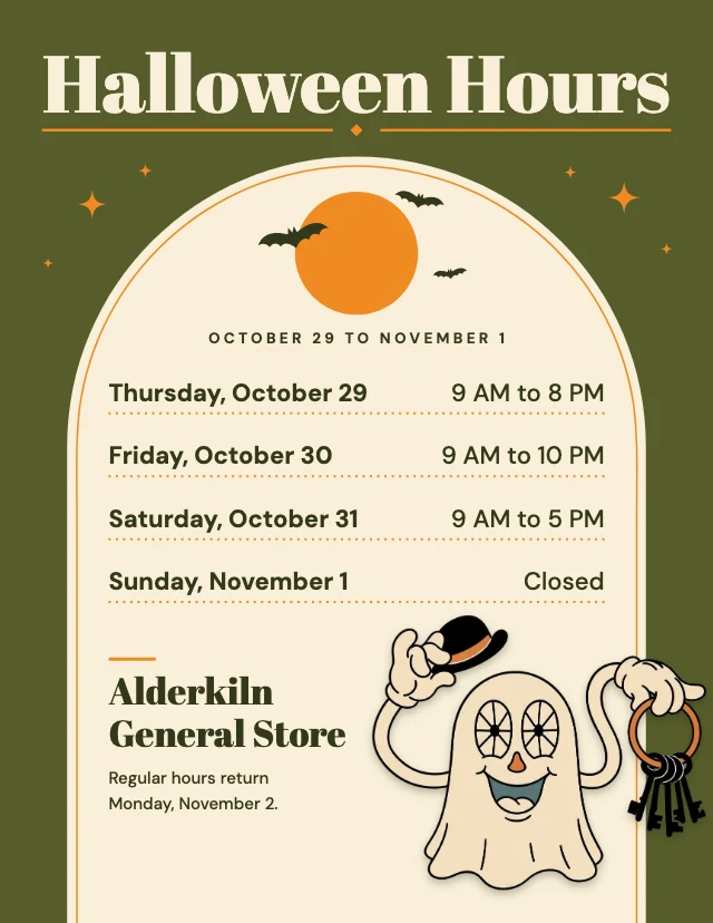 Halloween store hours sign template