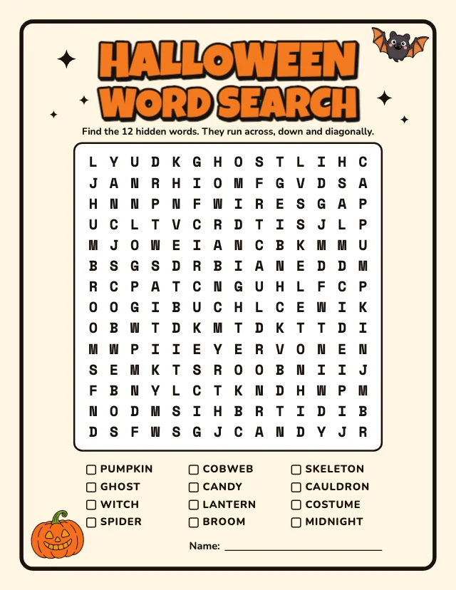 Halloween word search template