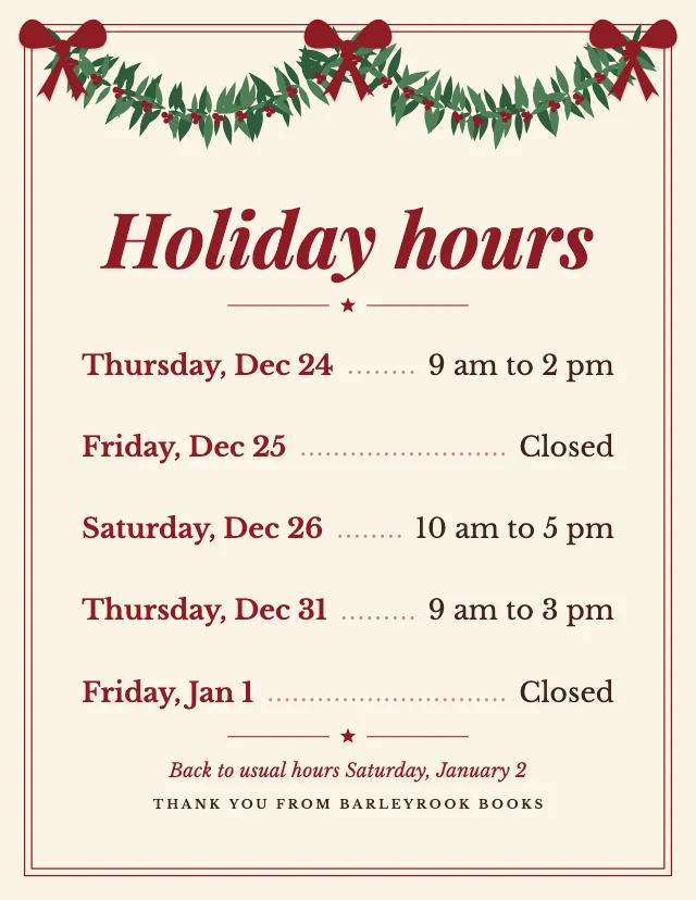 Holiday hours sign template