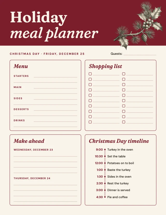 Holiday meal planner template