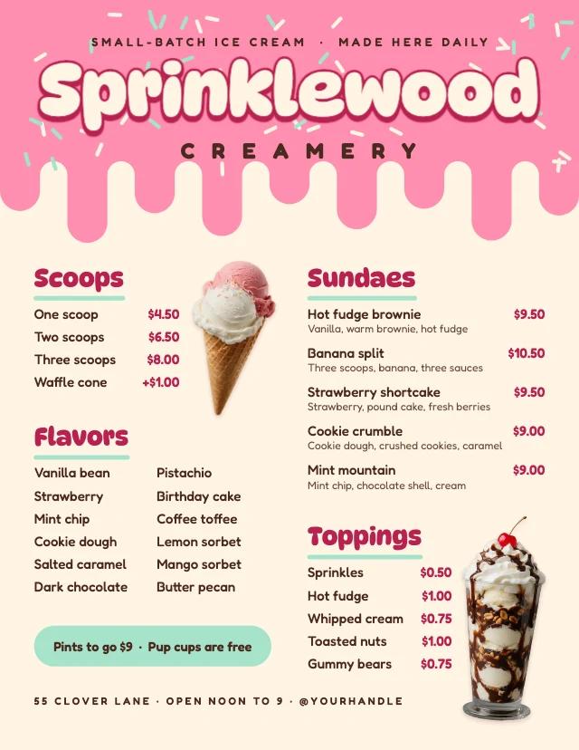 Ice cream shop menu template
