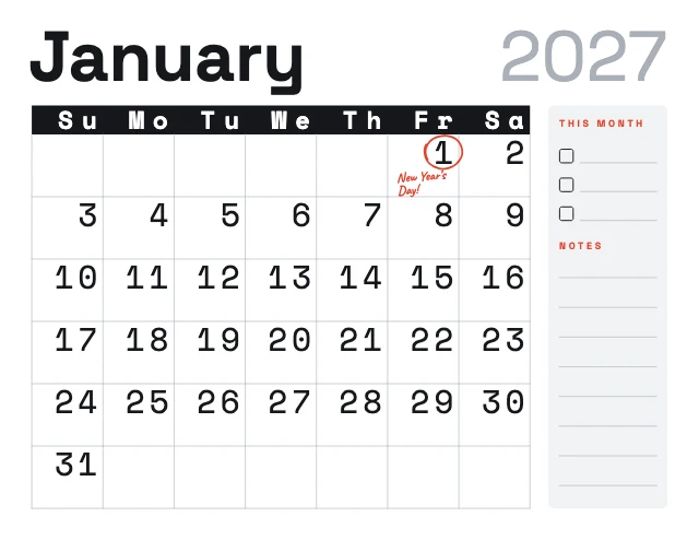 January 2027 calendar template