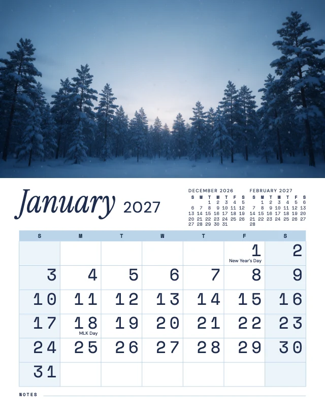 January 2027 wall calendar template