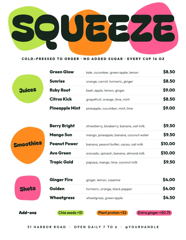 Juice bar menu template