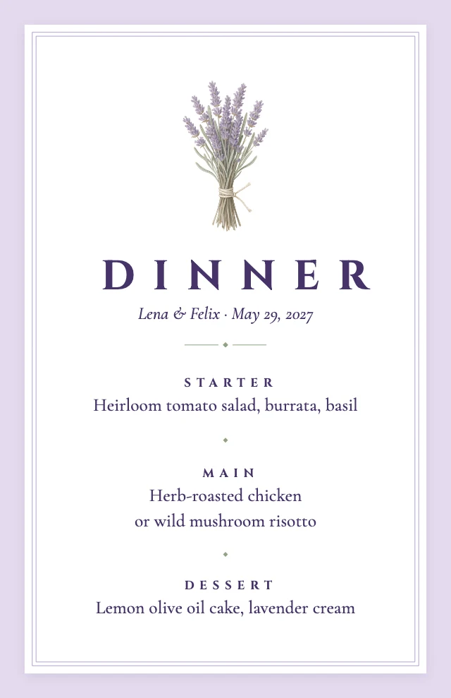Lavender wedding dinner menu template