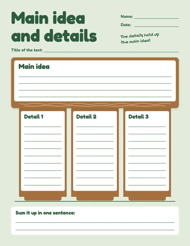 Main idea and details organizer template