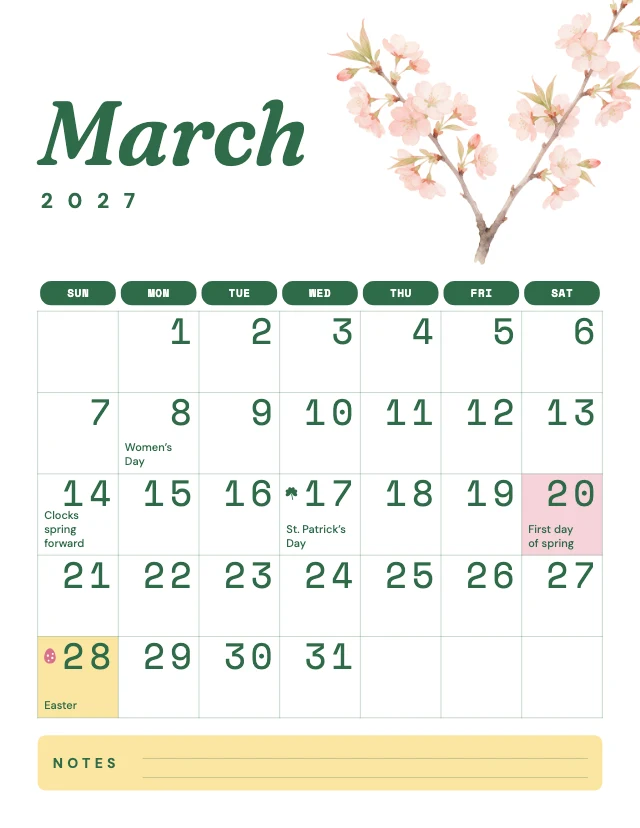 March 2027 calendar template