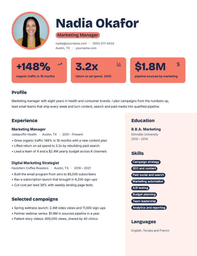 Marketing manager resume template
