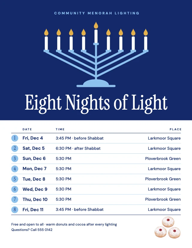 Menorah lighting schedule flyer template
