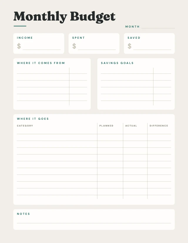 Monthly budget planner template