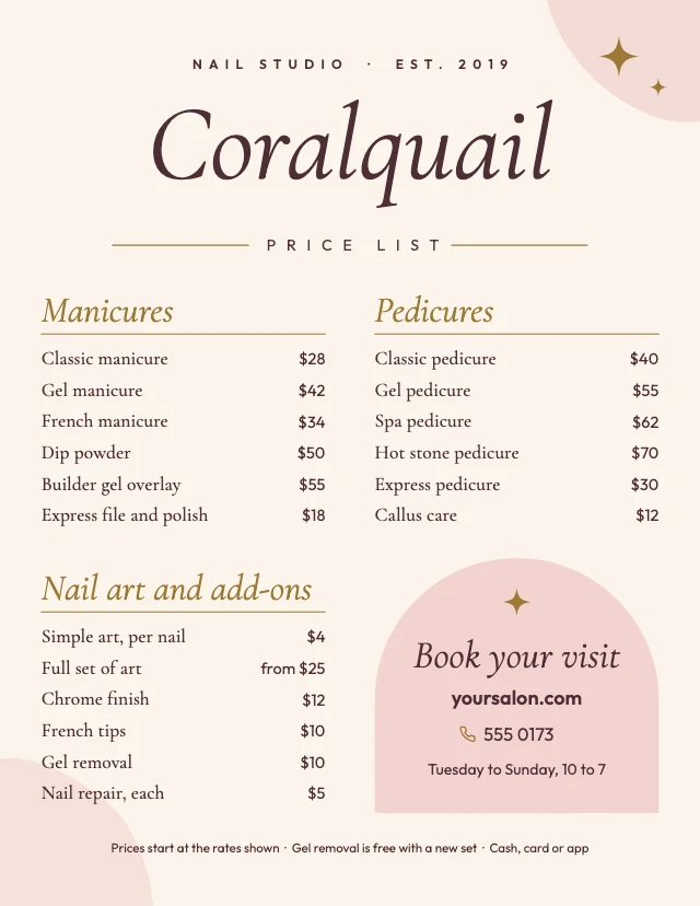 Nail salon price list template