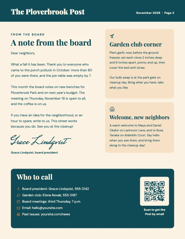 Neighborhood newsletter template, page 2 of 2