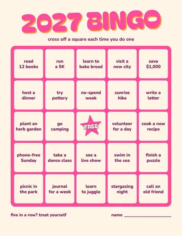 New Year goals bingo card template