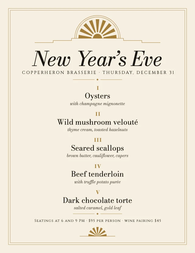 New Year’s Eve dinner menu template