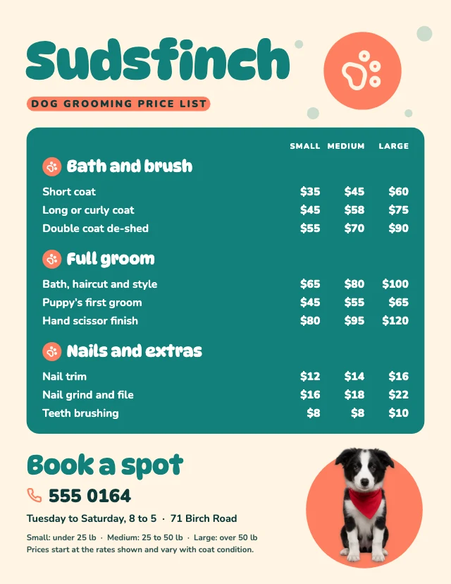 Dog grooming price list template