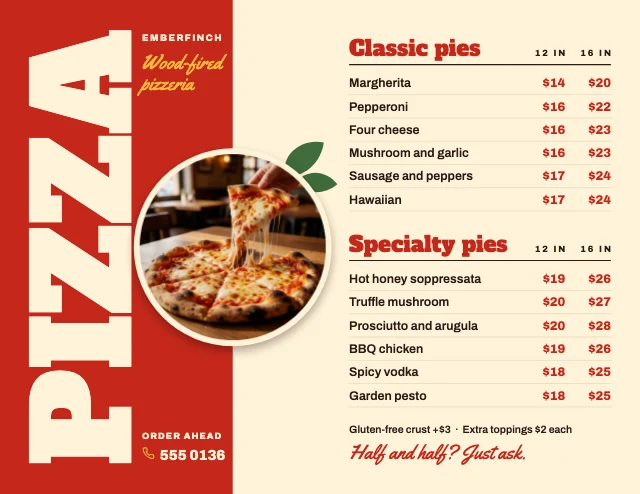 Pizza menu board template