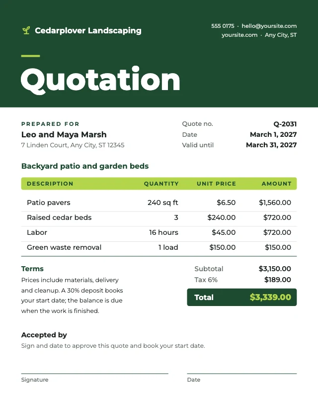 Price quotation template