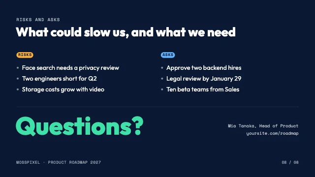 Product roadmap presentation template, page 8 of 8