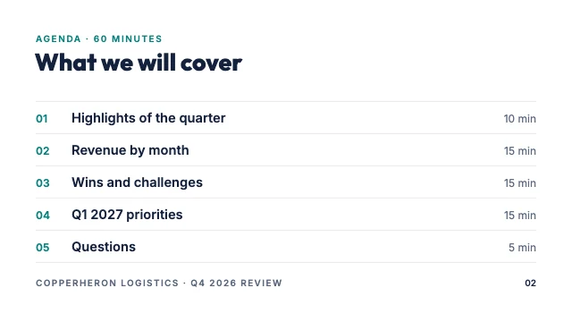 Quarterly business review presentation template, page 2 of 8