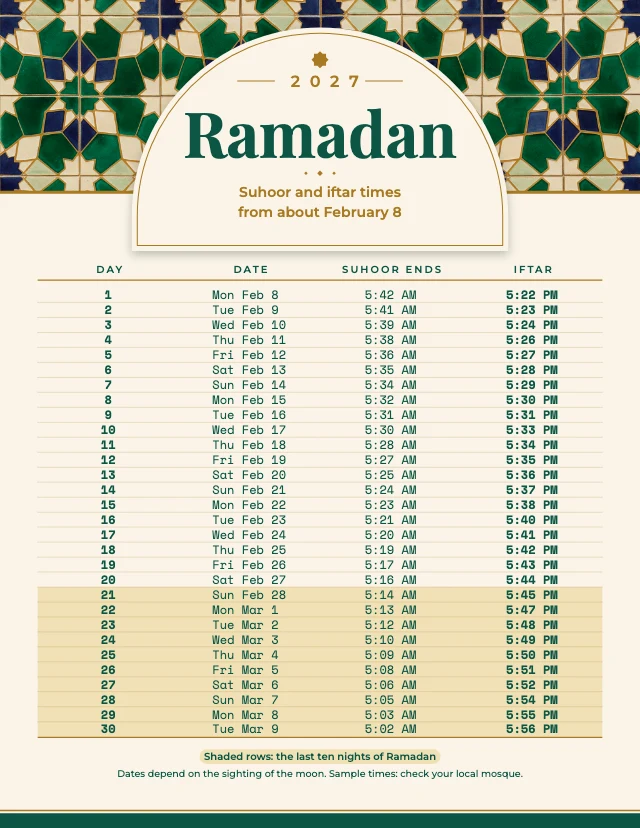 Ramadan 2027 timetable template