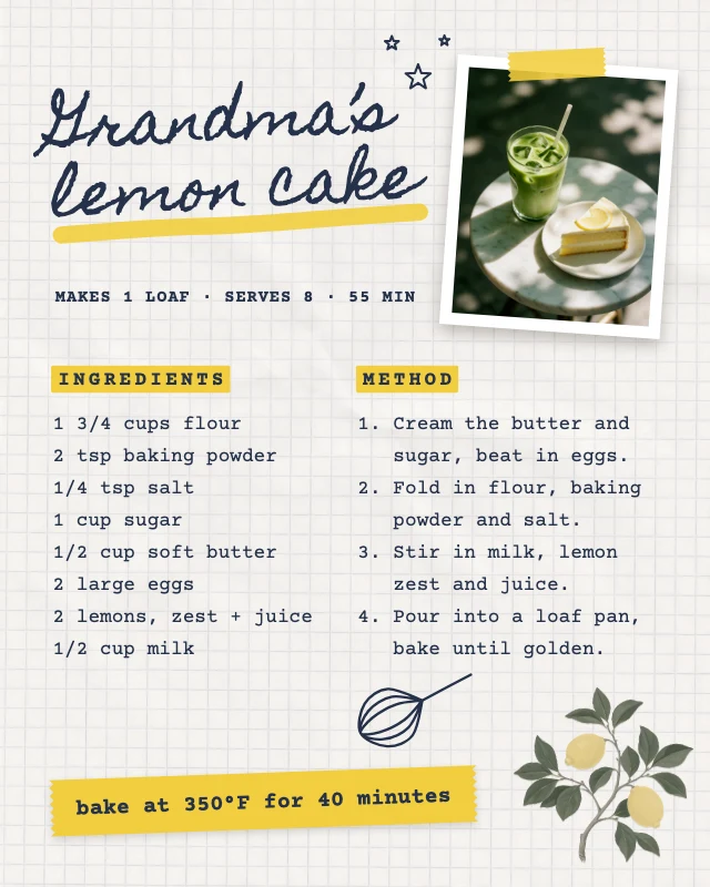 Handwritten recipe scrapbook page template