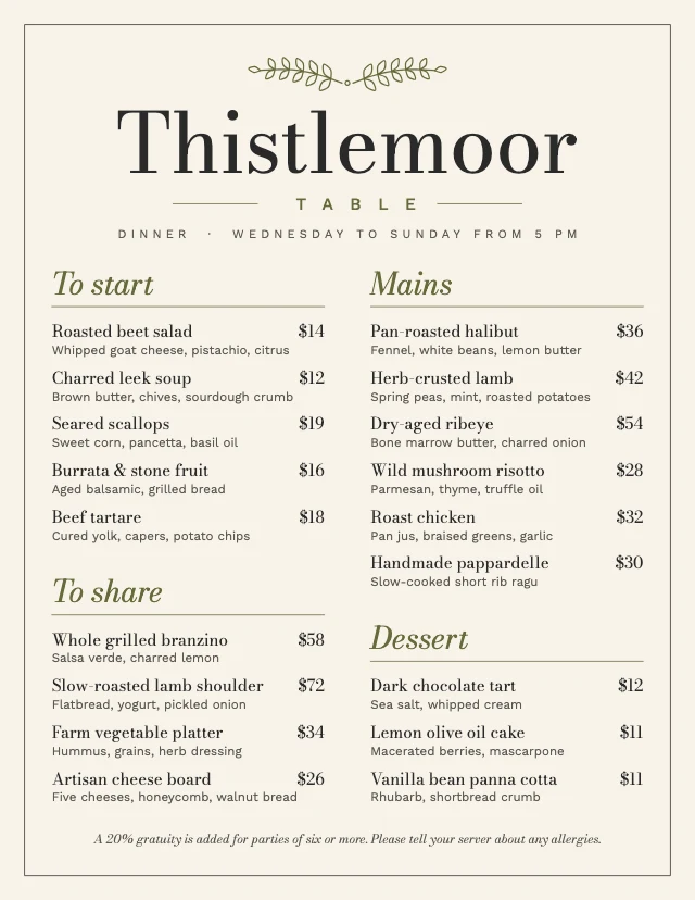 Restaurant dinner menu template