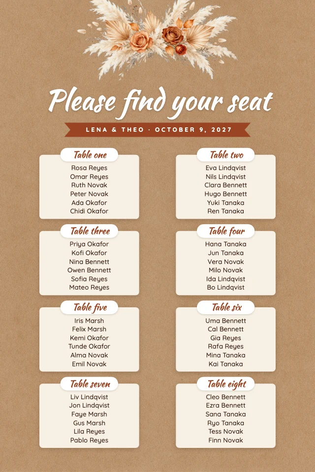 Rustic kraft wedding seating chart template