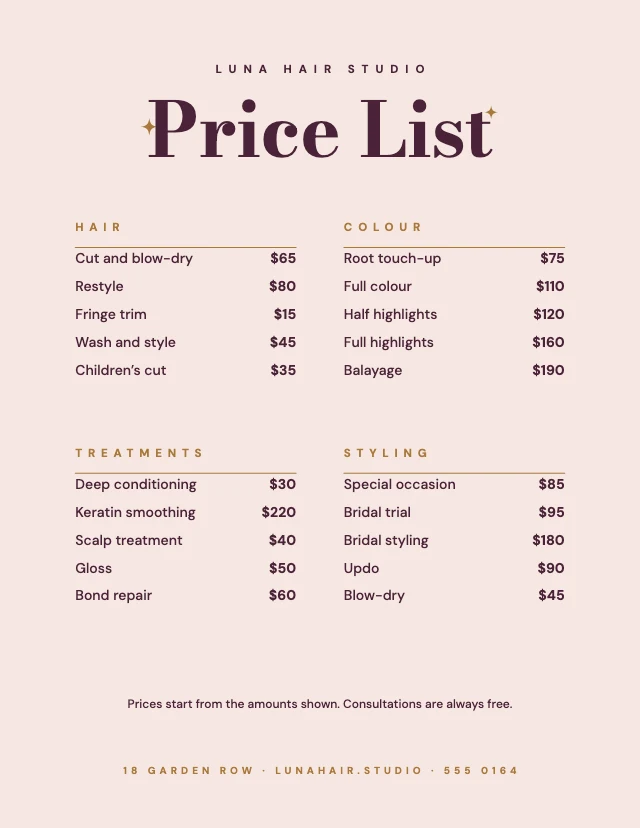 Price list template