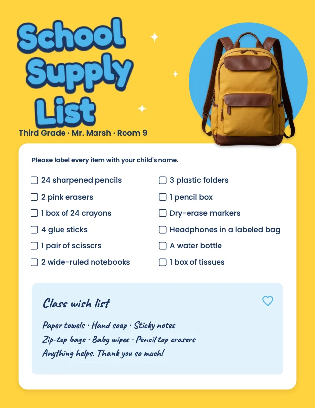 School supply list template
