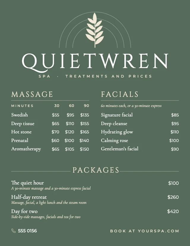 Spa price list template