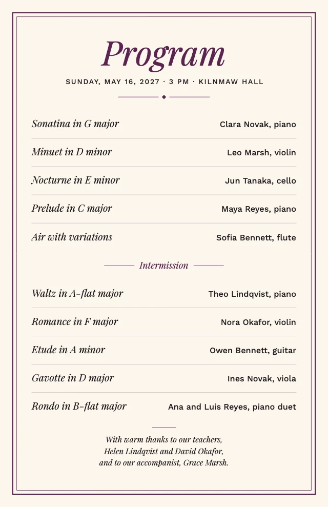 Music recital program template, page 2 of 2