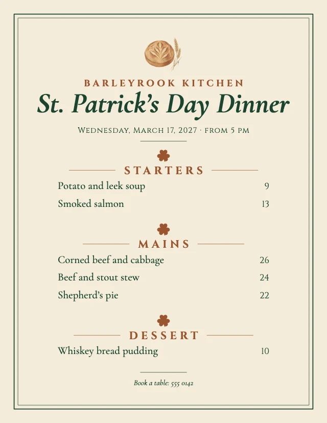 St. Patrick's Day dinner menu template