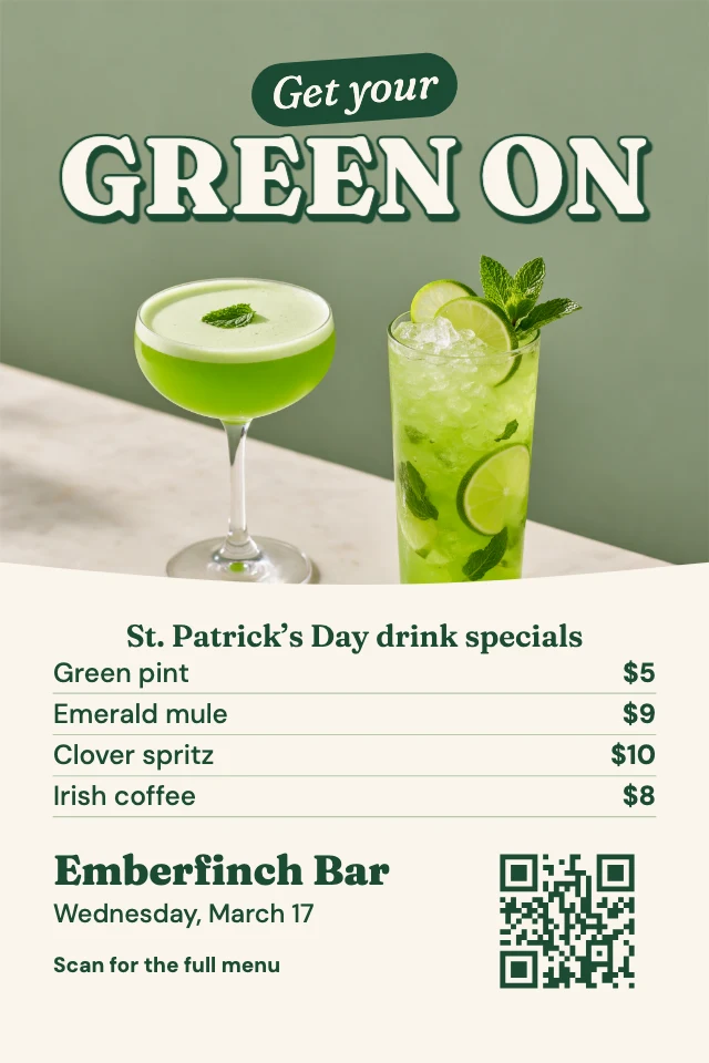 St. Patrick's Day drink specials card template