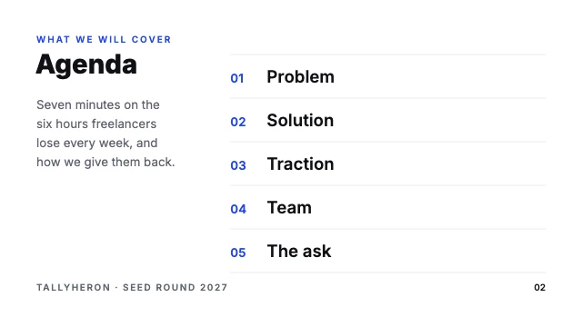 Startup pitch deck template, page 2 of 8