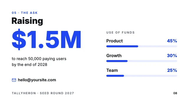 Startup pitch deck template, page 8 of 8