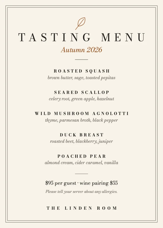 Tasting menu card template