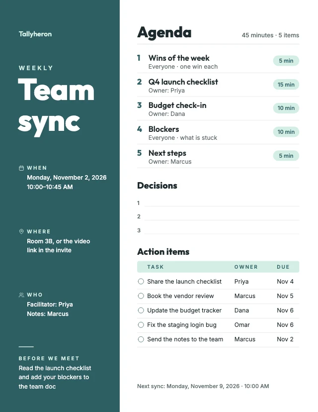 Team meeting agenda template