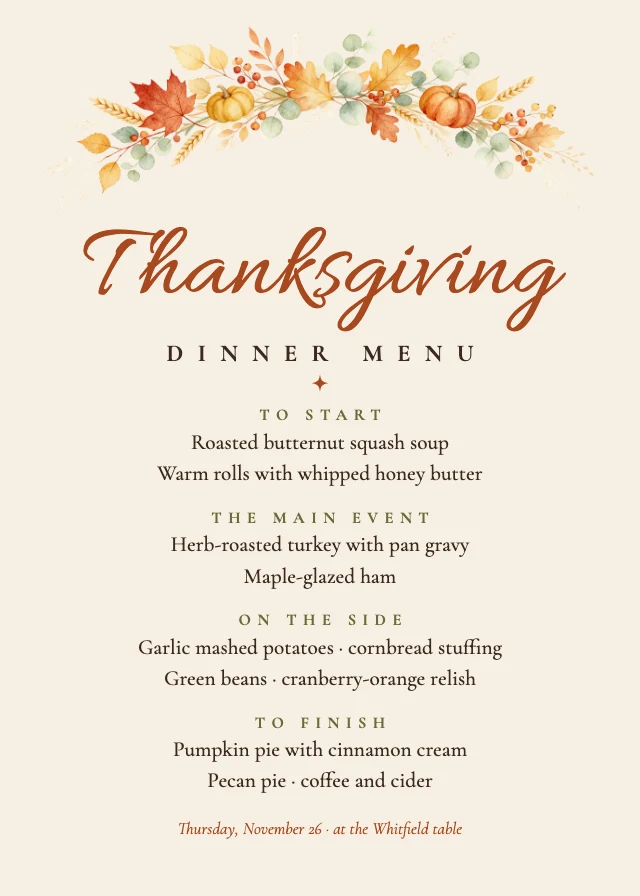 Thanksgiving dinner menu template